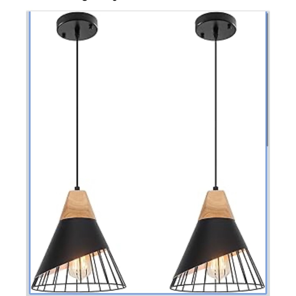 NEW Mxsaoud 2pc Modern Farmhouse Black Pendant Light Wood Hanging Fixture E26